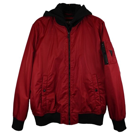 GUESS Men's Hooded Bomber Jacket Red Black Size Large Streetwear Lagenlook Fall - Picture 1 of 16